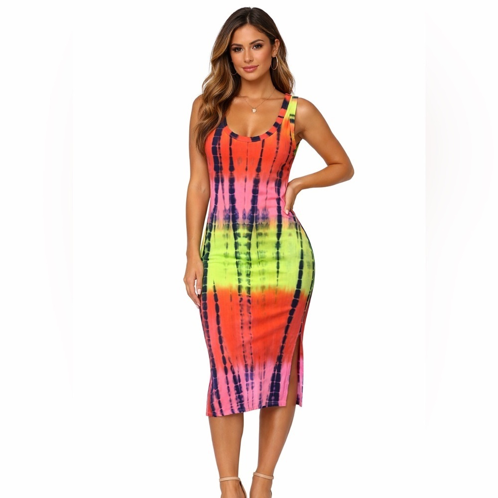 Heart & Hips Neon Tie Dye Bodycon Tank Midi Dress Festival Y2K Club Size XS S